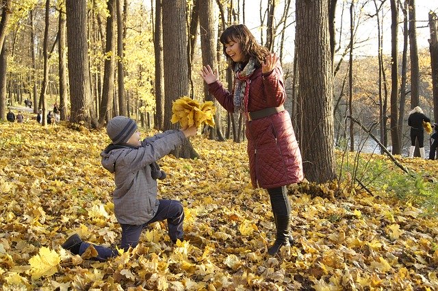 Son giving mother bouquet of autumn leaves.