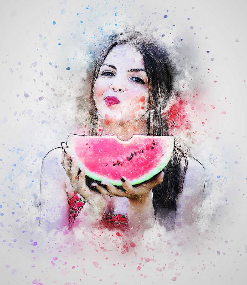 Watercolor of woman happily eating watermelon.