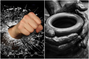 Fist smashing thru glass next to hands in clay creating a bowl.