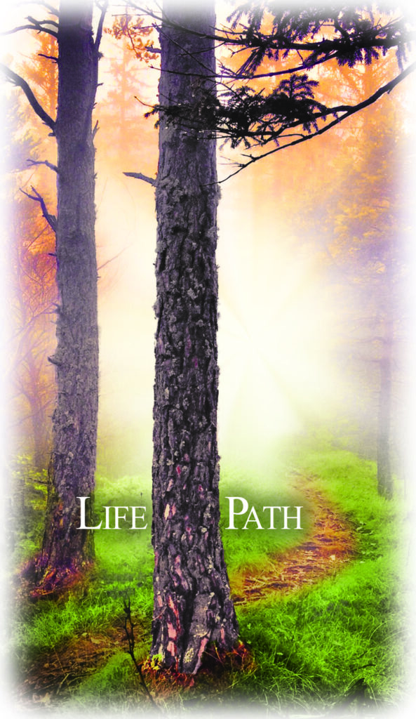 "Life Path" Explorations card from the Akashic Illumination Deck. Shows a woodland scene of a wood chip pathway meandering through trees headed towards the Light.