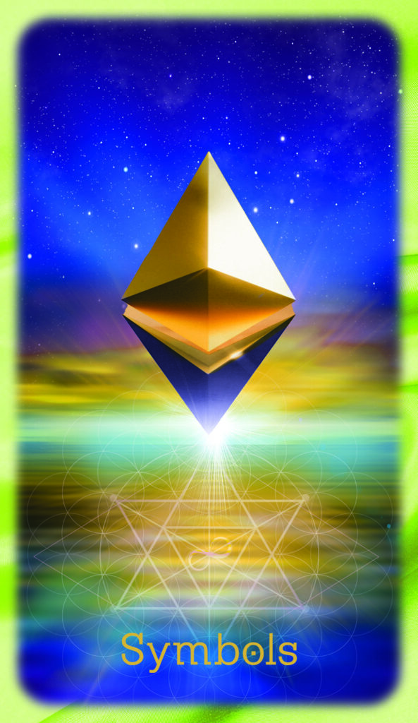 Symbol with golden triangle upper and navy blue triangle lower floating in space. 