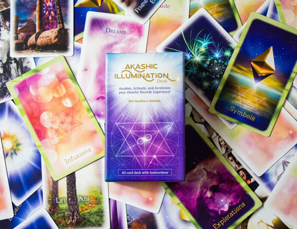 Akashic Illumination Deck box featuring various cards. 