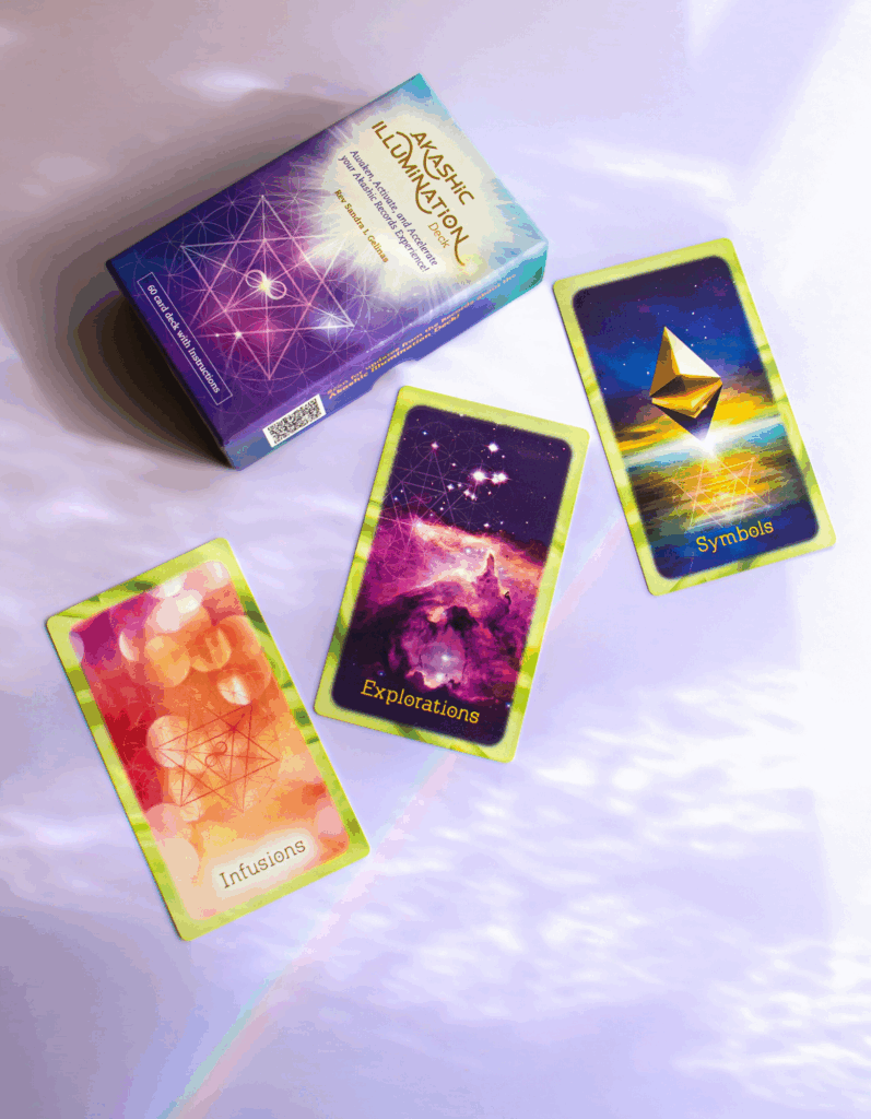 Image of the Akashic Illumination Deck - the box with the three different Akashic Activities that it offers, which have 20 cards each.