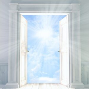 An open double door in a bright white room reveals a radiant sky filled with sunlight and soft clouds, symbolizing a divine or spiritual threshold.