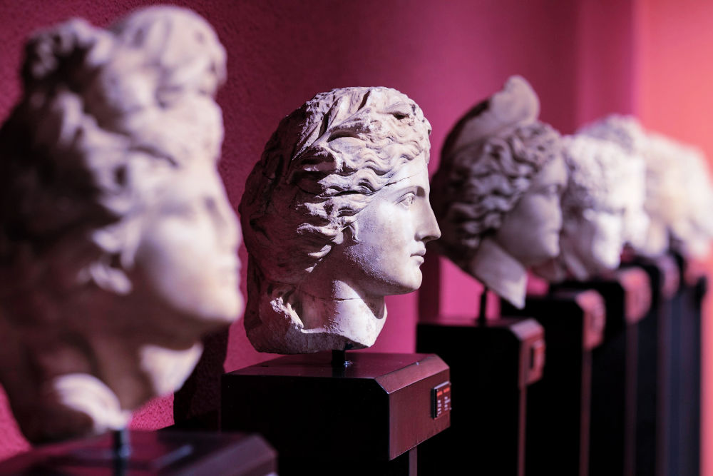 Row of classical busts which are part of a museum exhibition. 